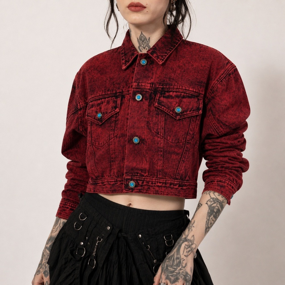 80s Vintage Acid Wash Cropped Denim Jacket Womens M Red Embellished Festival